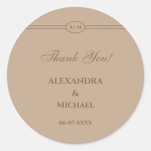 Monogram Modern Taupe Wedding Danke Runder Aufkleber (Vorderseite)