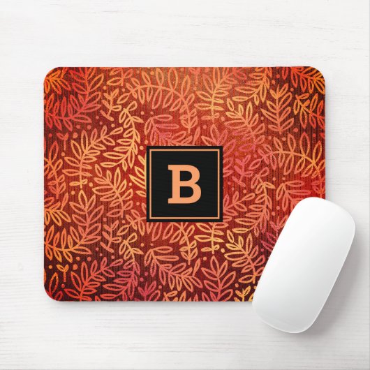 Monogram, moderne Blätter Blattmuster Orangengold Mousepad (Mit Mouse)