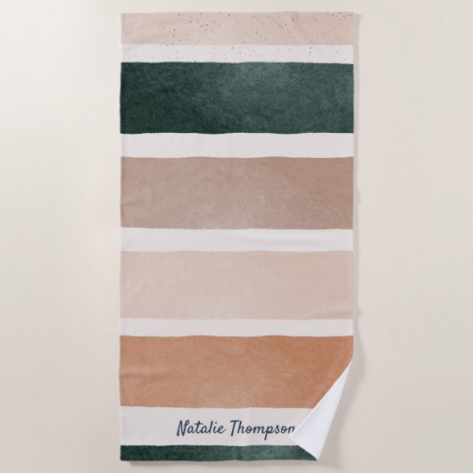 Monogram, moderne Drehschrift Earthy strips Sommer Strandtuch (Vorderseite)