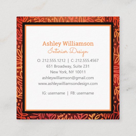 Monogram, moderne Orangengold-Blattmuster-Blätter Quadratische Visitenkarte (Rückseite)