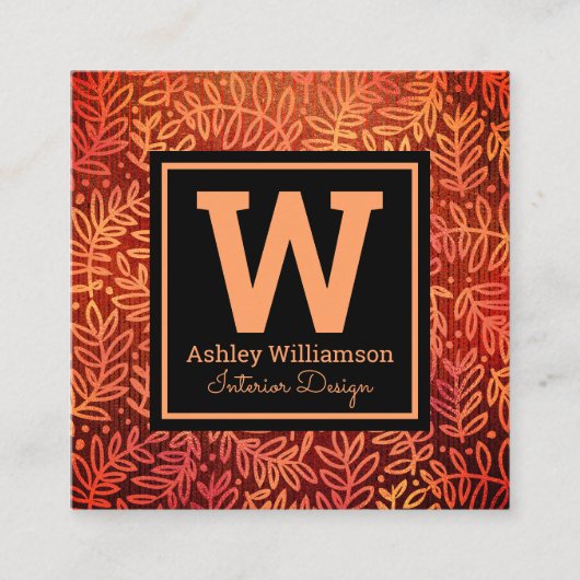 Monogram, moderne Orangengold-Blattmuster-Blätter Quadratische Visitenkarte (Vorderseite)