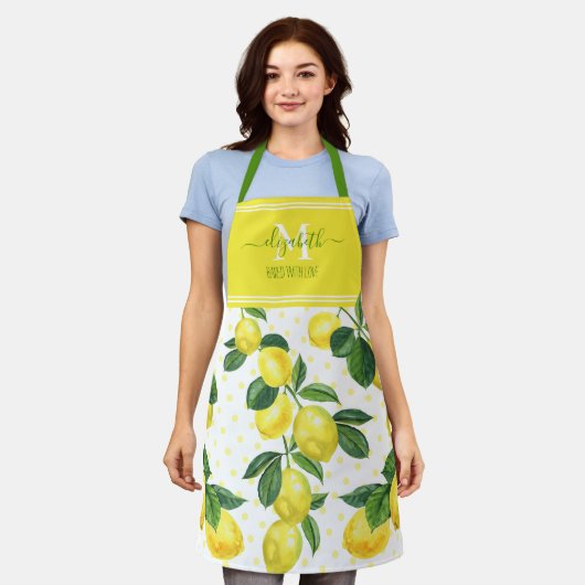 Monogram, moderner trendy lemon Aquarellpunkt Schürze (Getragen)