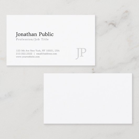 Monogram Modernes, elegantes weißes, einfaches Des Visitenkarte (Vorne/Hinten)