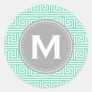 Monogram Modernes Minze Griechisches Schlüsselmust Runder Aufkleber