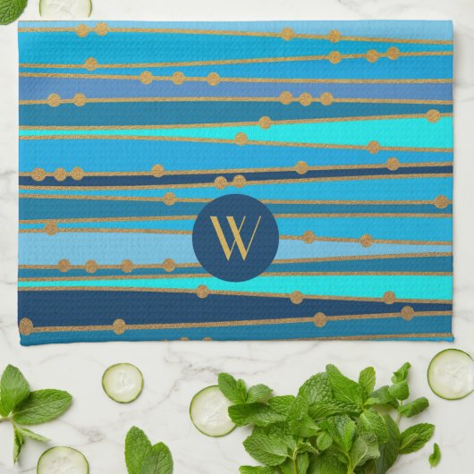 Monogram Monochrome Blue Wave Strive Imitats Gold  Geschirrtuch (Gefaltet)