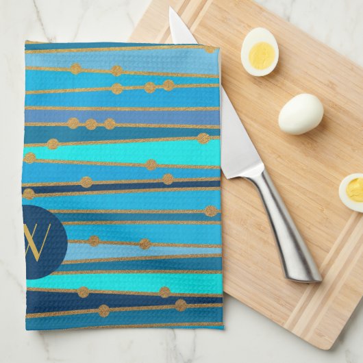Monogram Monochrome Blue Wave Strive Imitats Gold  Geschirrtuch (Viertel Falte)