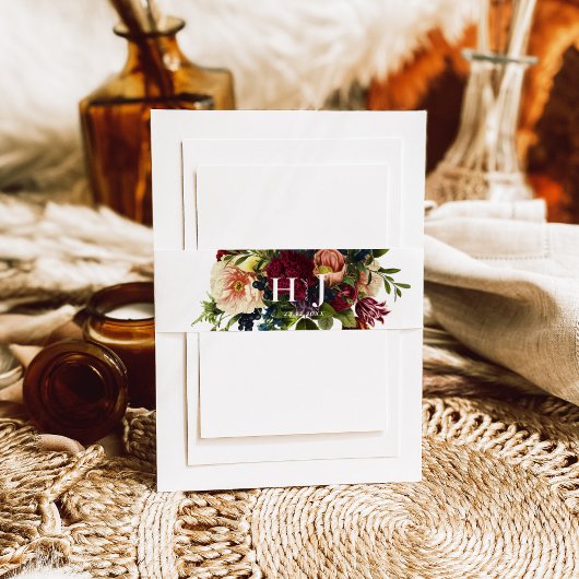 Monogram Moody Burgundy Juwel Floral Wedding Einladungsbanderole