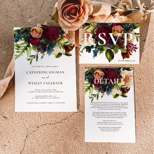 Monogram Moody Burgundy Juwel Floral Wedding Einladungsbanderole