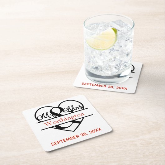 Monogram Mr. and Mrs Red Black Wedding Rechteckiger Pappuntersetzer (Vor Ort)