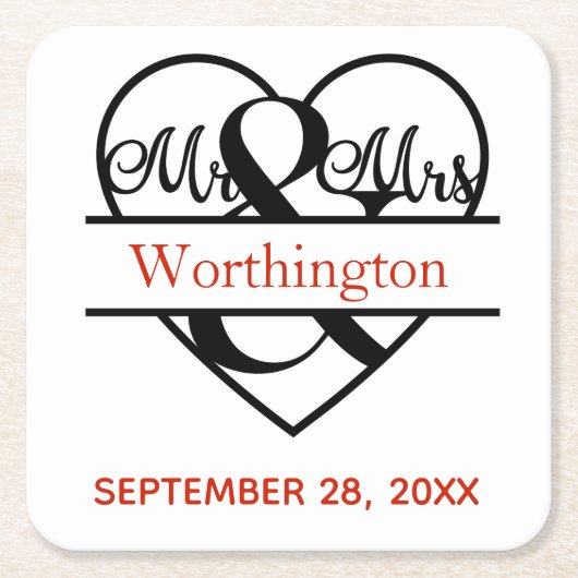 Monogram Mr. and Mrs Red Black Wedding Rechteckiger Pappuntersetzer (Vorderseite)
