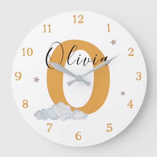 Monogram Mustard Baby Initial Name Nursery Wall Große Wanduhr (Vorderseite)