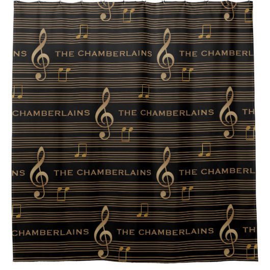 Monogram Muted Gold Treble Clef and Notes Duschvorhang (Vorderseite)