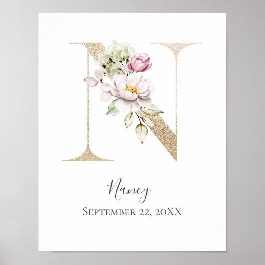 Monogram N Pink White Floral Gold Letter Kinderzim Poster (Vorne)