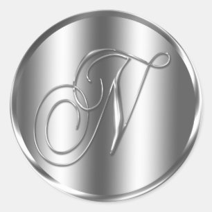 Monogram N Silver Color Wedding Invitation Holiday Runder Aufkleber