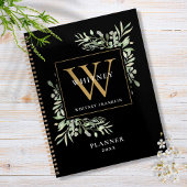 Monogram Name 2023: Black and Gold Greenery Blätte Planer