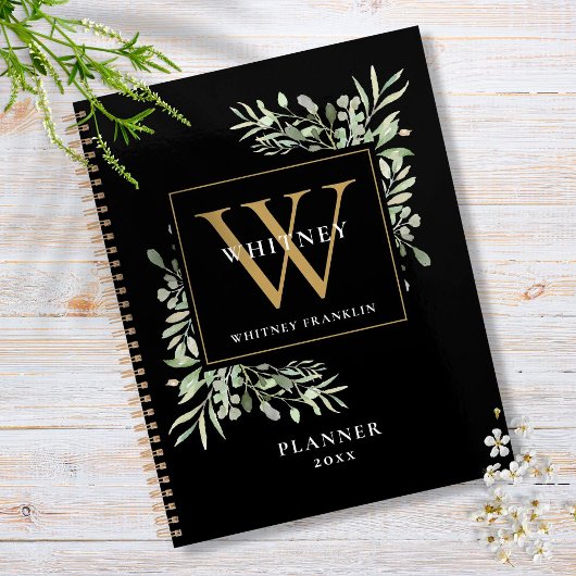 Monogram Name 2023: Black and Gold Greenery Blätte Planer