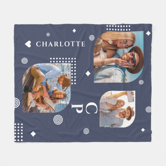 Monogram Name 3 Foto Collage Trendy Fleecedecke (Vorderseite (Horizontal))