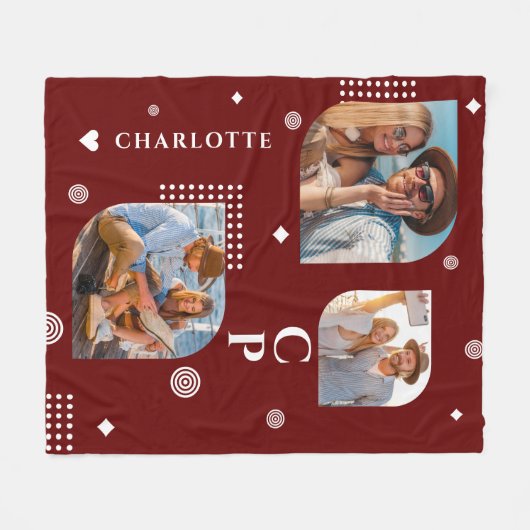 Monogram Name 3 Foto Collage Trendy Fleecedecke (Vorderseite (Horizontal))