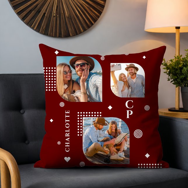 Monogram Name 3 Foto Collage Trendy Kissen (Von Creator hochgeladen)