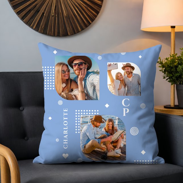 Monogram Name 3 Foto Collage Trendy Kissen (Von Creator hochgeladen)