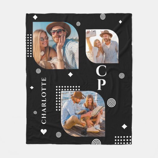 Monogram Name 3 Foto Collage Trendy Modern Fleecedecke (Vorderseite)