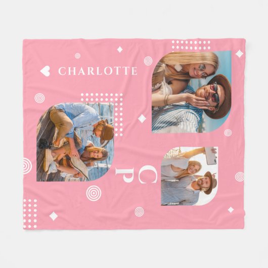 Monogram Name 3 Foto Collage Trendy Modern Fleecedecke (Vorderseite (Horizontal))