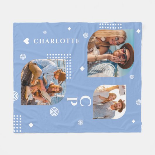 Monogram Name 3 Foto Collage Trendy Modern Fleecedecke (Vorderseite (Horizontal))