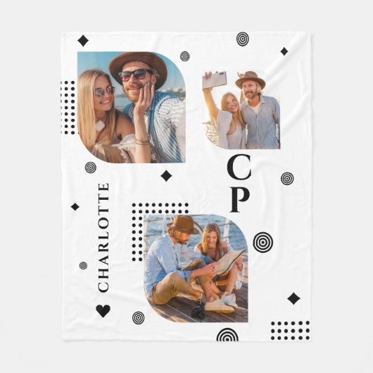Monogram Name 3 Foto Collage Trendy Modern Fleecedecke (Vorderseite)
