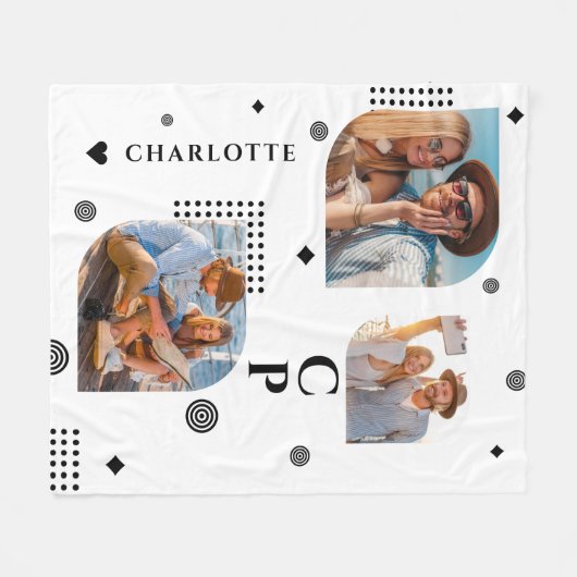 Monogram Name 3 Foto Collage Trendy Modern Fleecedecke (Vorderseite (Horizontal))