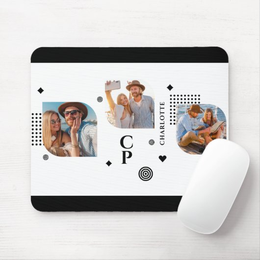 Monogram Name 3 Foto Collage Trendy Modern Mousepad (Mit Mouse)