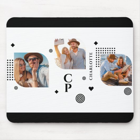 Monogram Name 3 Foto Collage Trendy Modern Mousepad (Vorne)