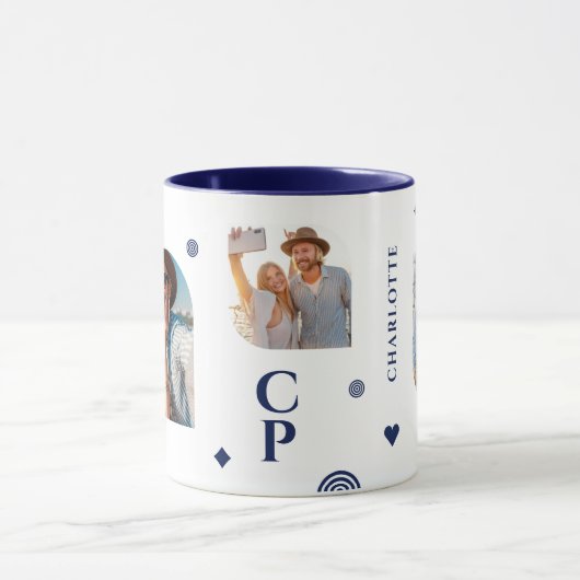 Monogram Name 3 Foto Collage Trendy Moderner Kaffe Tasse (Zentrum)