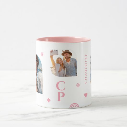 Monogram Name 3 Foto Collage Trendy Moderner Kaffe Tasse (Zentrum)