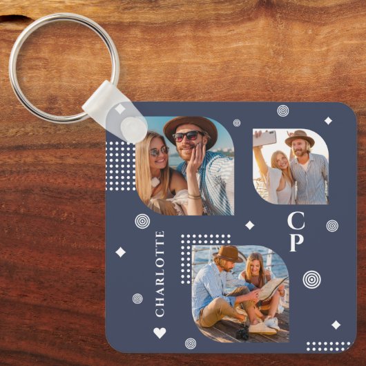Monogram Name 3 Foto Collage Trendy Schlüsselanhänger (Vorderseite)