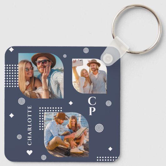 Monogram Name 3 Foto Collage Trendy Schlüsselanhänger (Rückseite)