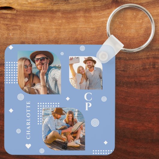 Monogram Name 3 Foto Collage Trendy Schlüsselanhänger (Rückseite)