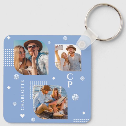 Monogram Name 3 Foto Collage Trendy Schlüsselanhänger (Rückseite)
