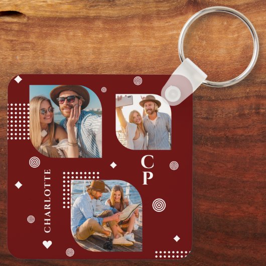 Monogram Name 3 Foto Collage Trendy Schlüsselanhänger (Rückseite)