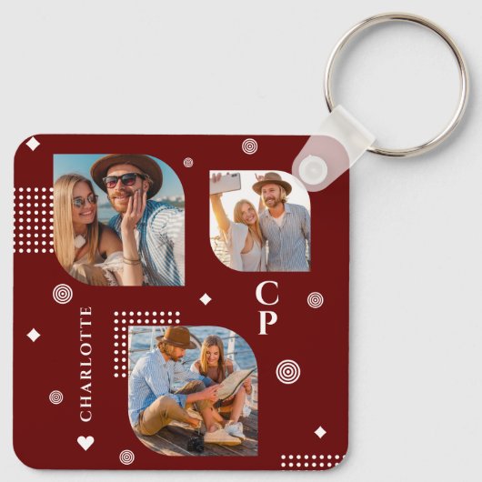 Monogram Name 3 Foto Collage Trendy Schlüsselanhänger (Rückseite)
