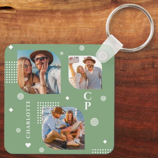 Monogram Name 3 Foto Collage Trendy Schlüsselanhänger (Rückseite)