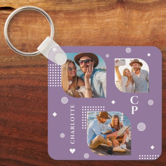 Monogram Name 3 Foto Collage Trendy Schlüsselanhänger (Vorderseite)