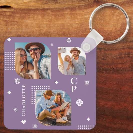 Monogram Name 3 Foto Collage Trendy Schlüsselanhänger (Rückseite)