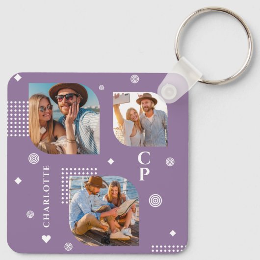 Monogram Name 3 Foto Collage Trendy Schlüsselanhänger (Rückseite)