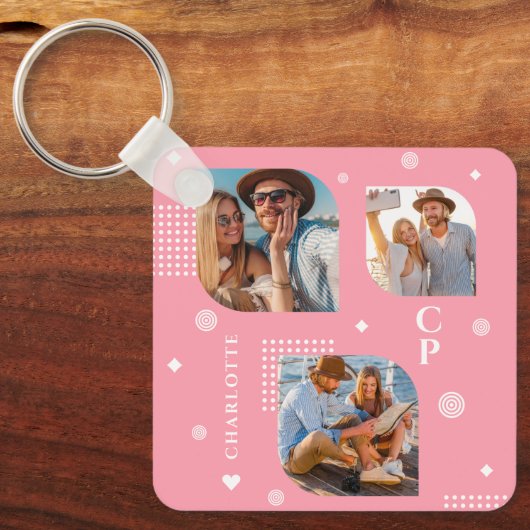 Monogram Name 3 Foto Collage Trendy Schlüsselanhänger (Vorderseite)