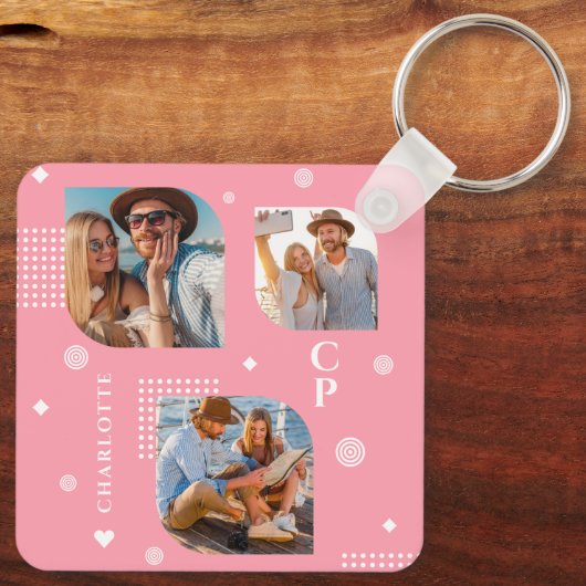 Monogram Name 3 Foto Collage Trendy Schlüsselanhänger (Rückseite)