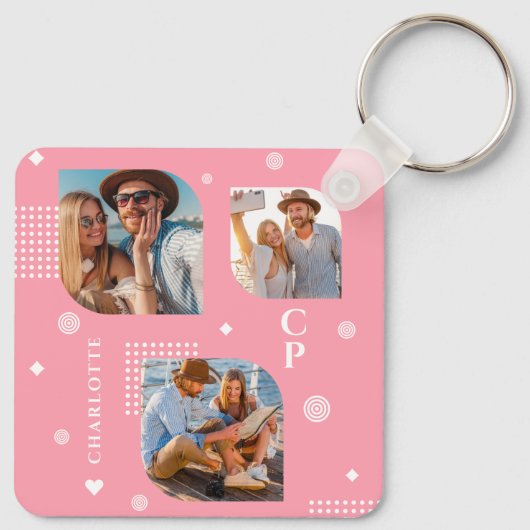 Monogram Name 3 Foto Collage Trendy Schlüsselanhänger (Rückseite)