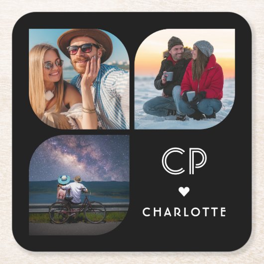 Monogram Name 3 Foto Modern Trendly Simple Rechteckiger Pappuntersetzer (Vorderseite)