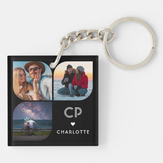 Monogram Name 3 Foto Modern Trendly Simple Schlüsselanhänger (Rückseite)