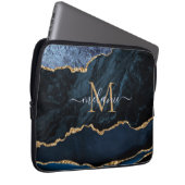 Monogram Name Agate Blue Gold Marmor Laptop Sleeve (Vorne Rechts)