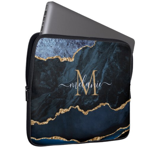 Monogram Name Agate Blue Gold Marmor Laptop Sleeve (Vorne Rechts)